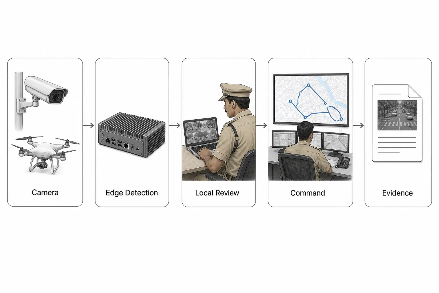 Edge deployment topology for ARGUS: camera and drone capture feeding a compact edge detection unit, then local review by an officer, then command action and the evidence record