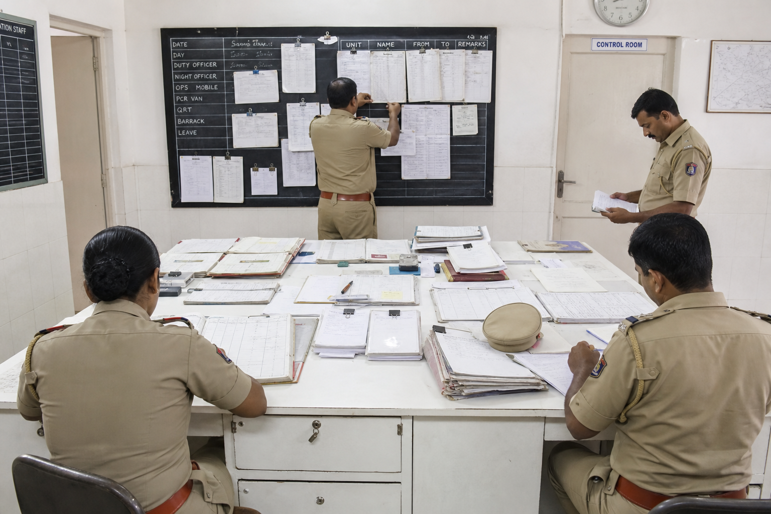 Police duty room using paper registers, clipboards, and pinned roster sheets
