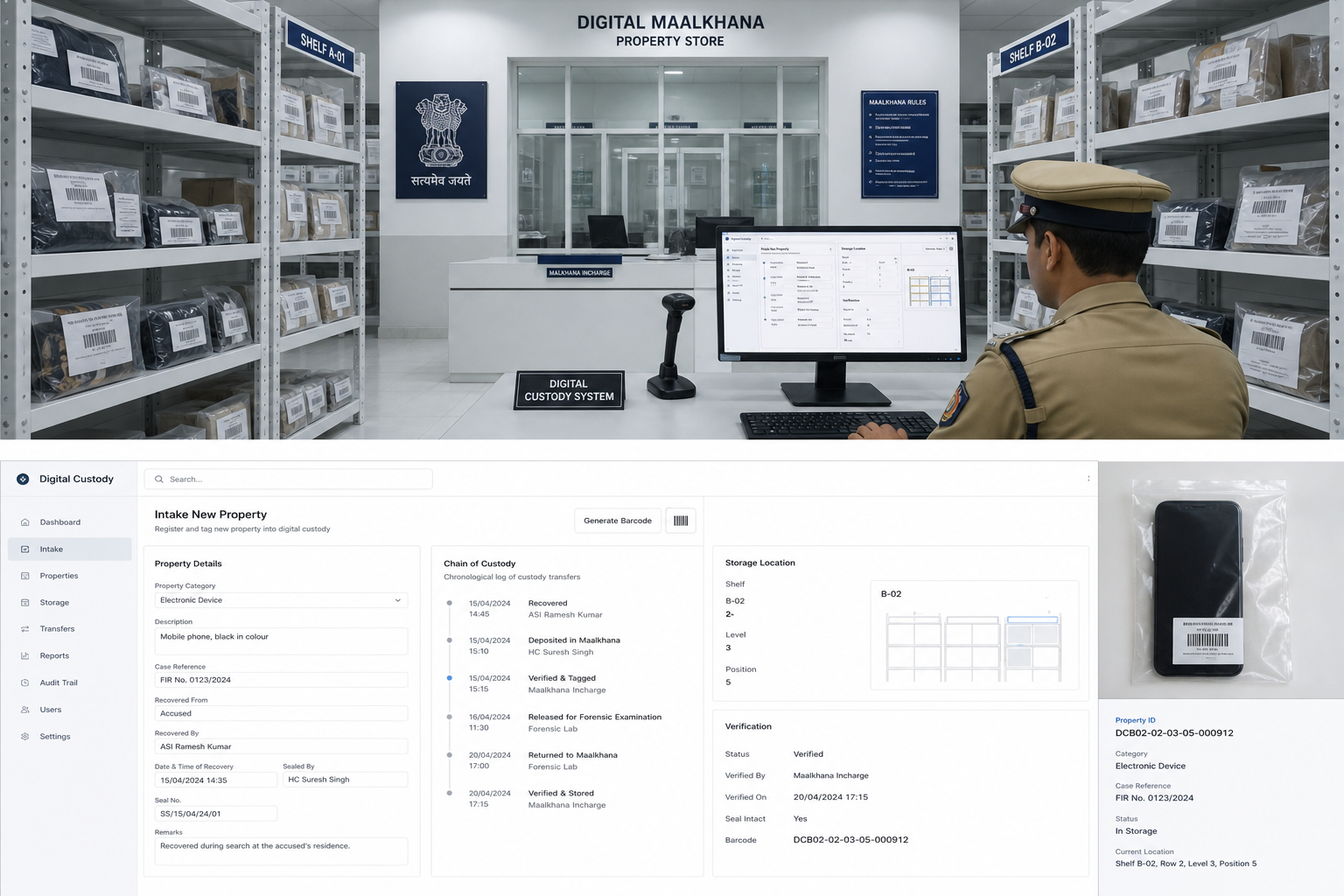 Digital maalkhana with tagged property and a chain-of-custody console