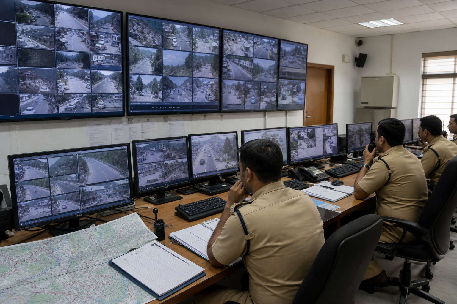 Police surveillance room monitoring disconnected CCTV screens with paper logs and a separate route map