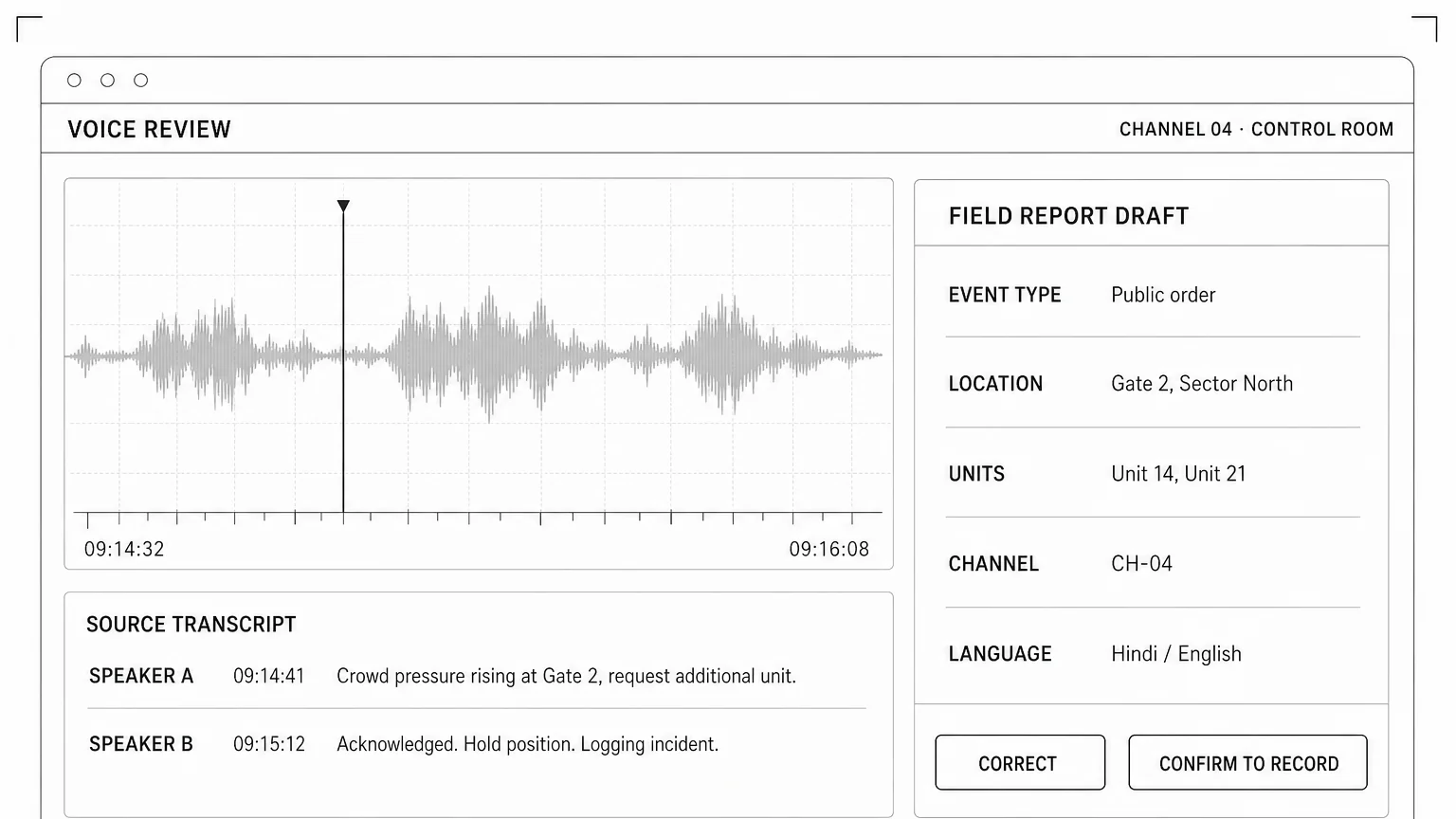 Control-room voice review console showing a source waveform, a time-linked transcript, and a field report draft with correct and confirm actions